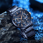 Load image into Gallery viewer, Hannah Martin men's 46mm multifunctional watch blue silver stainless steel quartz wristwatch