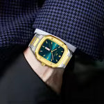 Load image into Gallery viewer, Men's square blue gold watch stainless steel 3ATM quartz week calendar business sport wristwatch