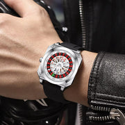 Close-up of VA VA VOOM square dial men's watch with luminous hands on colorful silicone strap