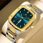 Side view of men's square blue gold watch showing multi-dial layout and stainless steel bracelet