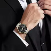 Side view of 43mm men's blue gold rhinestone luxury watch with crystal-set bezel