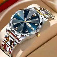 Close-up of men's 41mm blue gold watch with water diamond bezel and glowing luminous hands