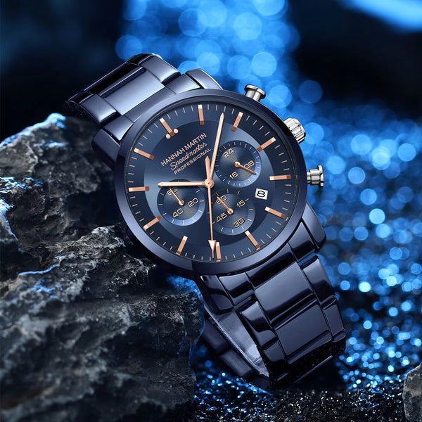 Hannah Martin men's 46mm multifunctional watch blue silver stainless steel quartz wristwatch