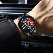 Top-down view of 42mm car series men's sport watch with rotating dial on stainless steel bracelet