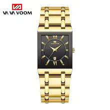 Men's sleek rectangular luxury watch in black and gold with date calendar display