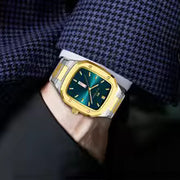 Men's square blue gold watch stainless steel 3ATM quartz week calendar business sport wristwatch