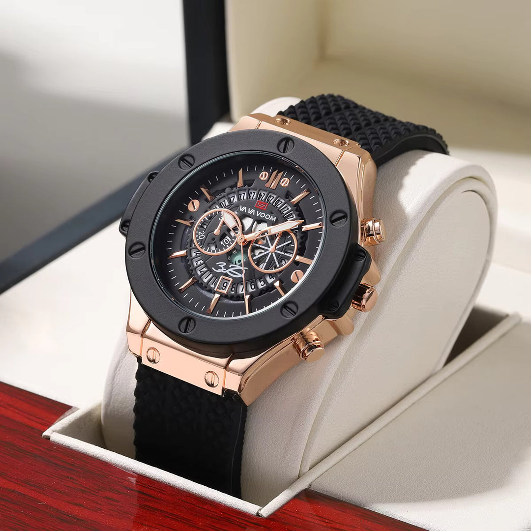 Men's 46mm skeleton sport watch hollowed out rose gold black military quartz wristwatch