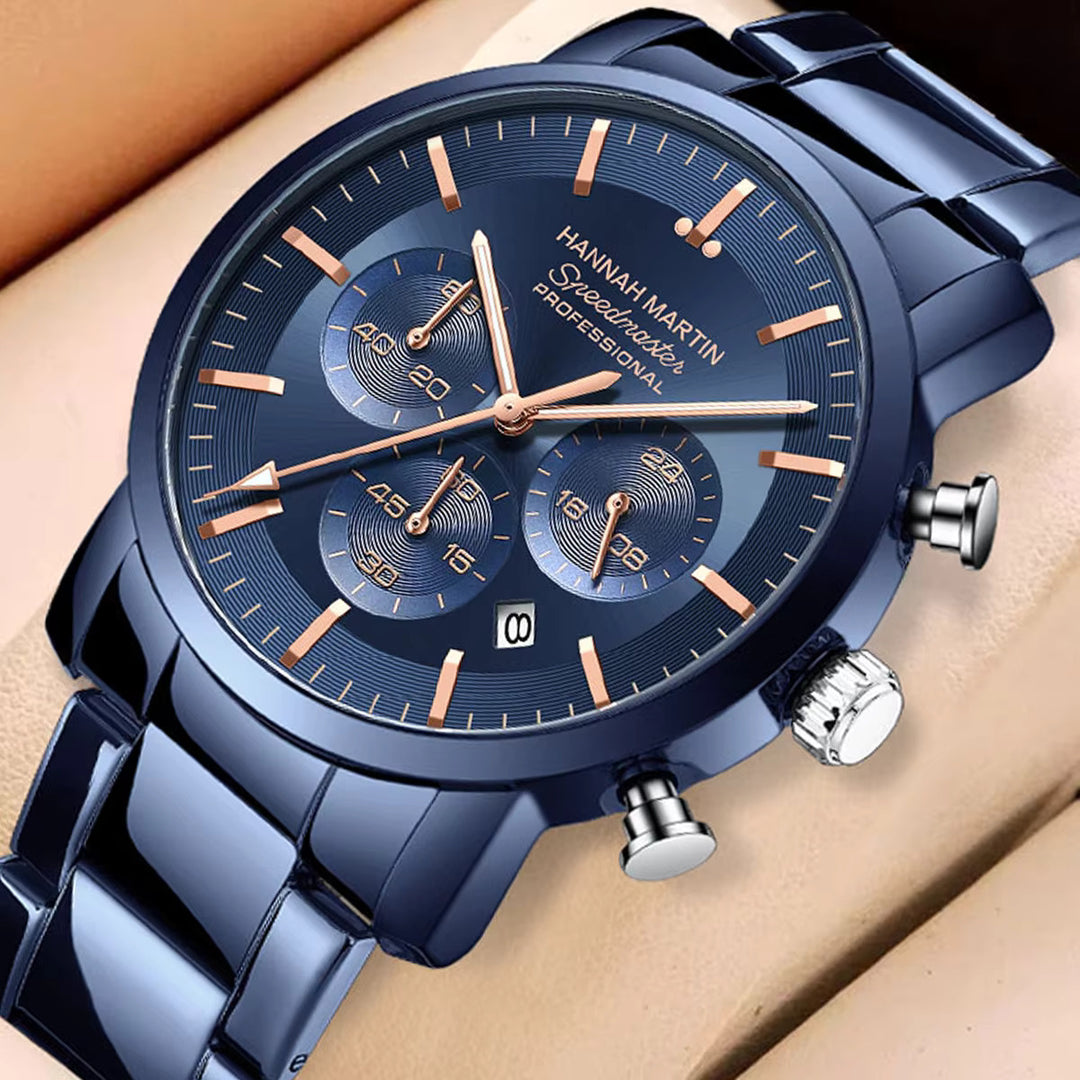 Side view of Hannah Martin 46mm blue dial multi-function men's watch with silver stainless steel bracelet