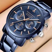 Side view of Hannah Martin 46mm blue dial multi-function men's watch with silver stainless steel bracelet