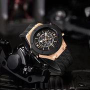 Close-up of 46mm men's open heart skeleton watch with rose gold accents on black silicone strap