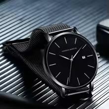 Side profile of Bauhaus minimalist men's watch with navy blue dial and slim stainless steel case