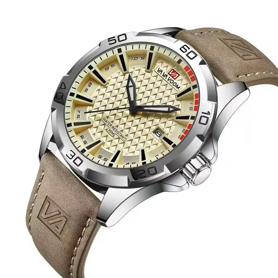 Close-up of VA VA VOOM genuine leather military watch with date calendar window