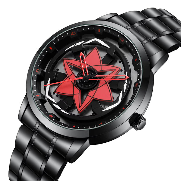 Men's car series rotating dial watch in black stainless steel with creative quartz movement