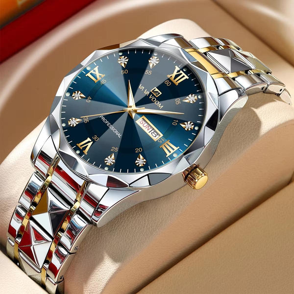 Men's luxury diamond blue gold watch with night glow hands and double calendar – 41mm quartz wristwatch