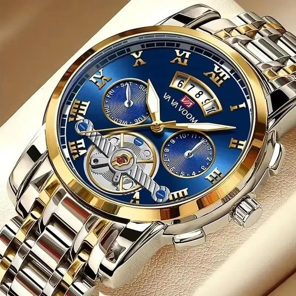 Men's luxury stainless steel sport watch with luminous dial and 3ATM waterproof quartz movement
