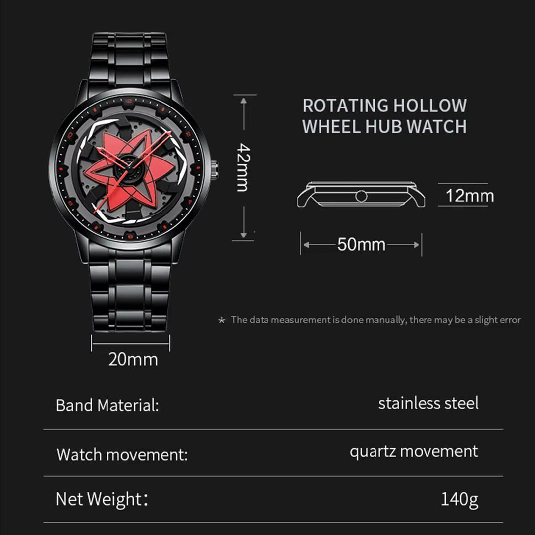 Side view of men's car series watch showing unique rotating dial design on stainless steel bracelet