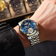Side view of men's waterproof stainless steel sport watch with glowing luminous hands