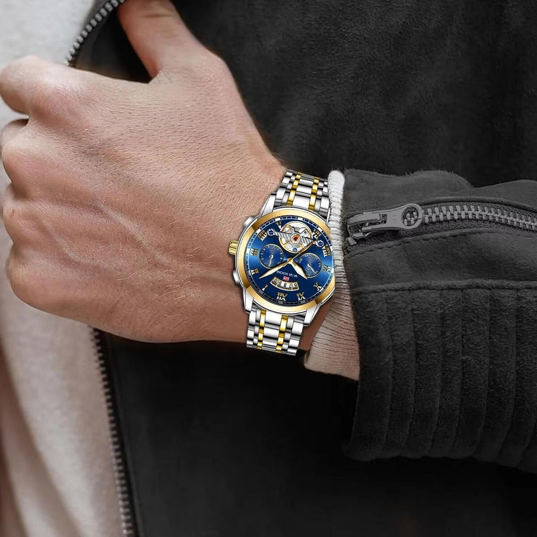Men's casual chic waterproof quartz watch with stainless steel bracelet and luminescent dial