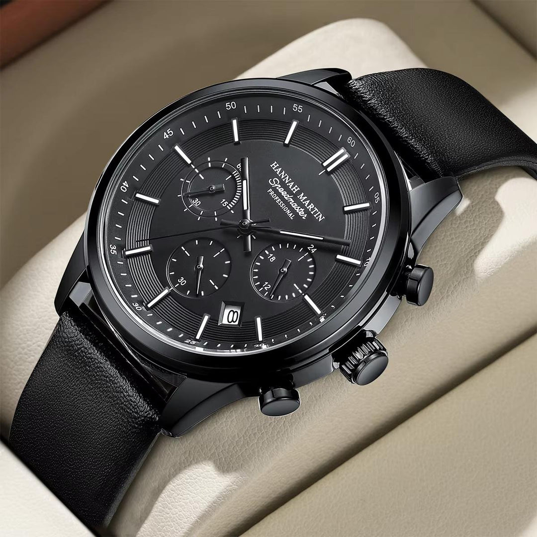 Hannah Martin men's chronograph style watch with genuine leather strap and multi-dial quartz movement